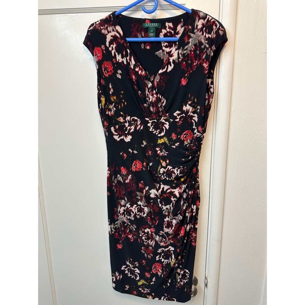 Lauren Ralph Lauren Floral Sheath Dress Navy Red Ruched V-Neck Cap Sleeve Sz‎ 10